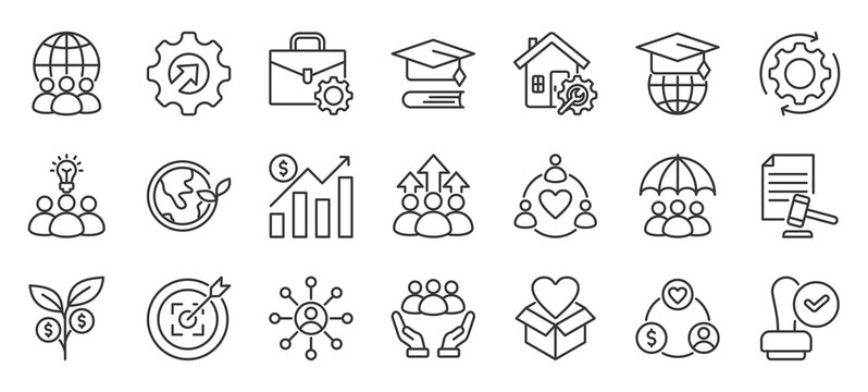 social policy outline icon pack collection of social, policy, icon, business, law, government, society, responsibility, environment, support icon
