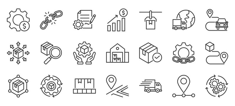supply chain outline icon pack collection of warehouse, distribution, logistics, cargo, shipping, business, industry, transport, industrial, freight icon