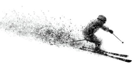 Monochrome image of skier carving down slope, creating a cloud of snow, action focused