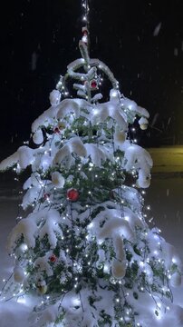 Outdoor Christmas Tree Glowing with Lights in a Night Snowfall