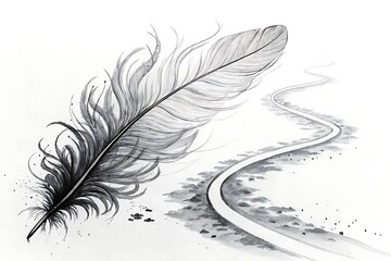 Detailed pencil sketch drawing of soft feather lying near winding path representing fragility and travel concept