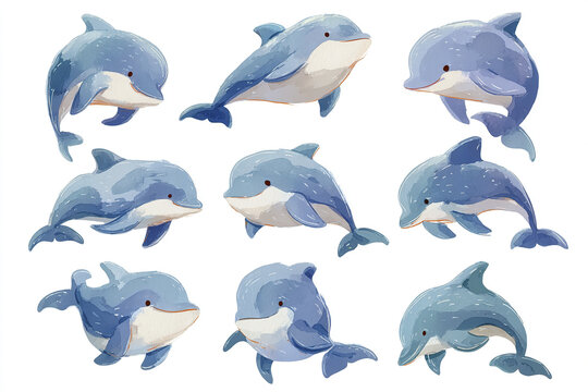 Adorable dolphin cartoon set with simple shapes and soft curves in various playful poses, featuring blue and white colors that evoke cheerful and friendly ocean theme