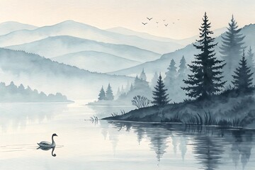 Watercolor painting illustrating misty blue mountain landscape over calm lake with pine trees and single swimming swan