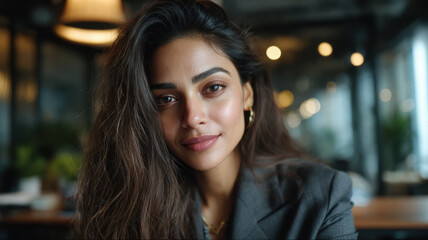 Obraz premium stylized young indian female executive sits in modern office