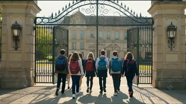 The students walking to the school. European schools