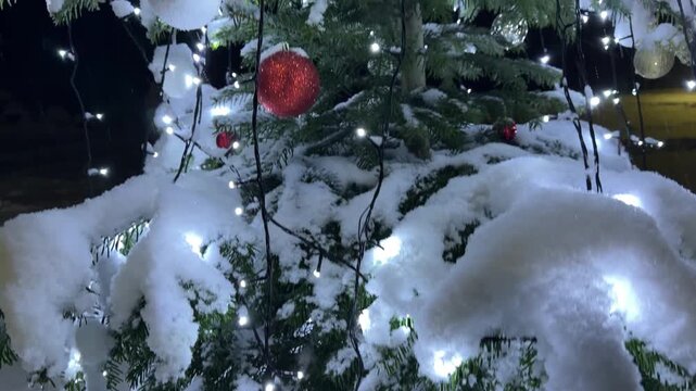 Panning Up the Branches of a Lit Christmas Tree in the Snow