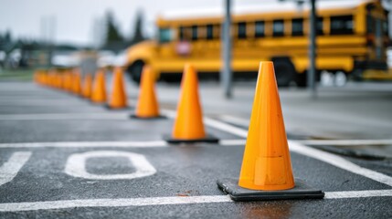 Cones arranged in a zigzag pattern to enhance speed control and safe boarding zones at a school bus dropoff captured in a medium shot with cones sharply in focus.