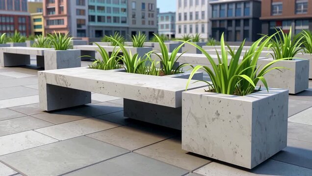 Urban Concrete Benches with Planters in Modern Plaza.