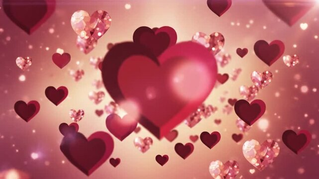 Dynamic background of shimmering red and gem-like hearts, a layered abstract Valentine's Day celebration.