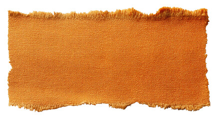 A torn piece of orange fabric with rough, jagged edges, isolated against a black background