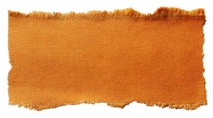 A torn piece of orange fabric with rough, jagged edges, isolated against a black background