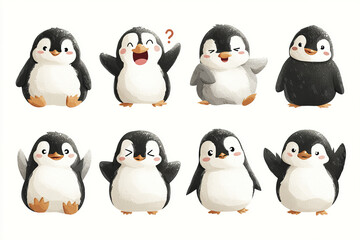 Obraz premium Cute penguin mascot collection showing happy, confused, and playful expressions with adorable poses and soft textures, perfect for cheerful and fun design projects