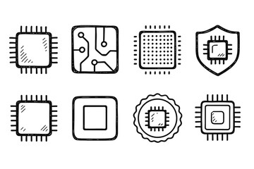 Technology, circuit outline icon set. Digital, electronics, cpu, hardware icons collection