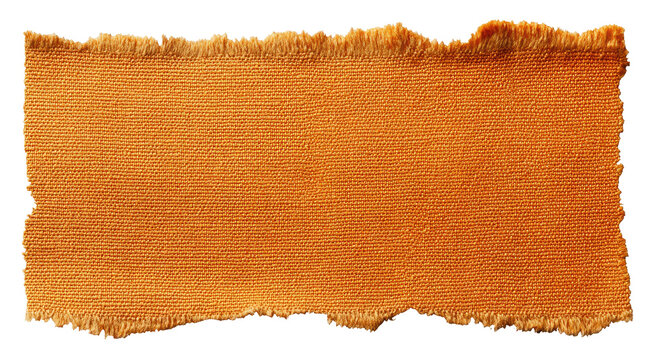 A torn piece of orange fabric with rough, jagged edges, isolated against a black background