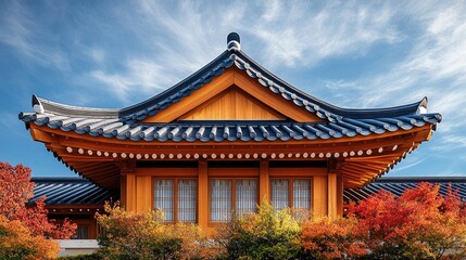 Traditional Asian architecture with vibrant foliage and clear blue sky showcasing intricate eaves and cultural design elements of a historic building