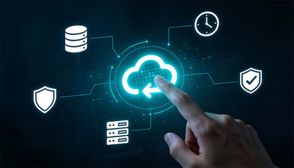 Finger touching cloud backup and sync interface with database server clock and security icons concept for secure data storage transfer and disaster recovery in cloud computing