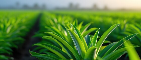 Farm Plantation Solitude concept. Vibrant green pineapple plants in a lush agricultural field.