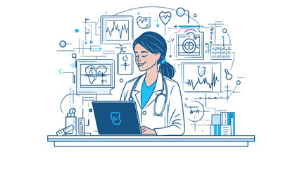 Female Doctor Working on Laptop Computer.