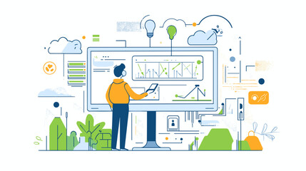 Man analyzing data on large computer screen.