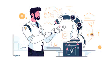 Man Interacting with Robotic Arm Technology.