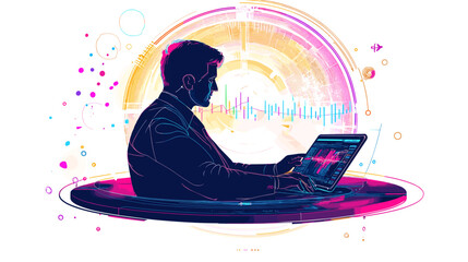 Man Silhouette Using Laptop Computer Technology.