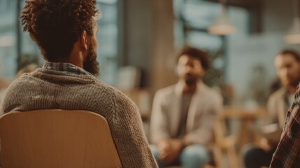 Adults in a therapy circle arrangement with chairs in focus and soft background highlighting attentive body language and a warm neutraltoned room.