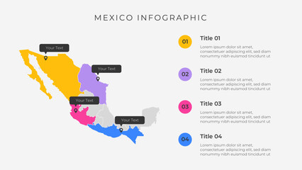 Mexico map infographic template with 4 options. Mexico administrative map infographic for presentation.