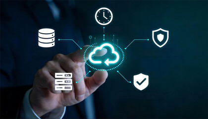 Hand pressing cloud download icon with server database security and time symbols for cloud computing data transfer backup availability and protected infrastructure management