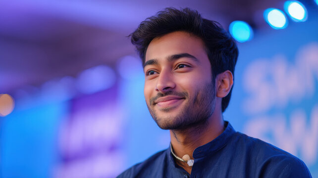 young indian startup founder standing on stage and giving speech