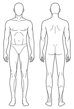 Basic 9-Head Male Fashion Figure Template. Man Body Croquis for Fashion Illustration and Technical Drawing. Front and Back View. Neutral Standing Pose.