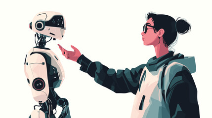 Naklejka premium Woman Interacting with Humanoid Robot Assistant.