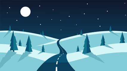 Naklejka premium Winter landscape road vector illustration with snow covered hills and evergreen trees under a moonlit starry night sky