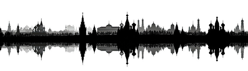 A grayscale representation of a cityscape reflected in water, creating a symmetrical mirror effect