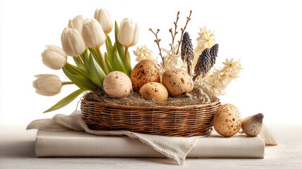 Easter still life with eggs, flowers, and a rustic basket on a white background. This beautiful arrangement of eggs and flowers creates a perfect spring atmosphere for any occasion