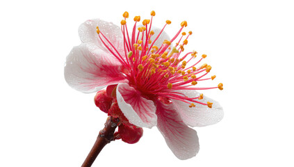 Close-up of a delicate pink and white blossom with bright yellow stamens against black background