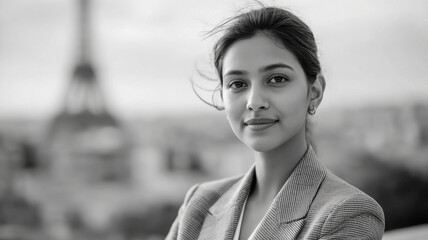 young indian woman in monochrome power suit standing outdoor