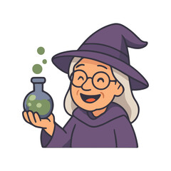 Happy old witch holding potion bottle. Smiling elderly sorceress showing green magic liquid.