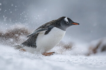 Obraz premium Gentoo penguin sliding on snow with splashes around, showing playful motion in cold Antarctic environment with blurred background and detailed feathers in action
