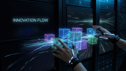 Fototapeta premium Digital innovation flow human connection with glowing technology blocks in the future environment