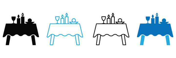 Dining table settings with candles and wine glasses in different colors and styles