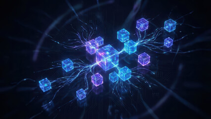 Innovative connection with digital technology glowing data blocks in futuristic environment