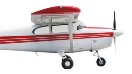 Red and white single-engine airplane PNG isolated on transparent background, light aircraft for travel and aviation themes
