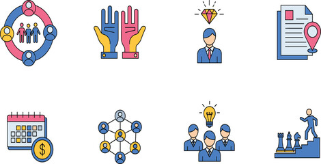 Fototapeta premium Set of Business Networking and Team Management Icons Featuring Strategy Idea Planning and Financial Success Graphics.