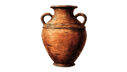 A drawing of a ceramic vessel with two handles, a rounded base, and a black background