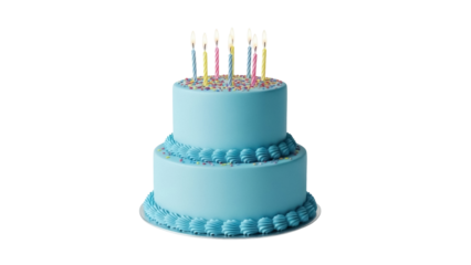 Two-tiered blue birthday cake with candles isolated PNG, festive dessert for celebration on transparent background