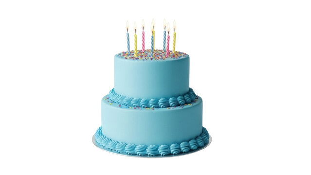 Two-tiered blue birthday cake with candles isolated PNG, festive dessert for celebration on transparent background