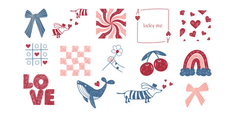 A collection of hand-drawn romantic elements and backgrounds. An ink drawing. A vector design concept of love and romance.