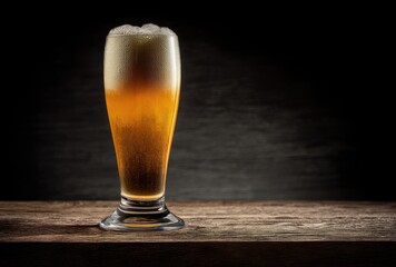 Cold amber beer in tall glass with thick foam on rustic wooden table against dark background, idea for bar menu design and beverage advertising visuals