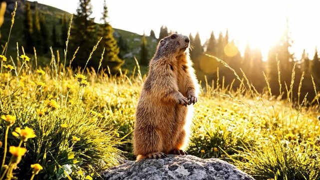 A gopher standing on a rock in a field of tall grass and wildflowers