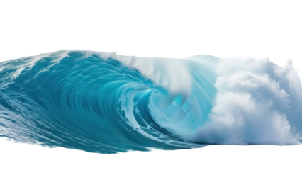 Powerful ocean wave PNG isolated on transparent background, turquoise water curl with foam for surfing and marine themed designs